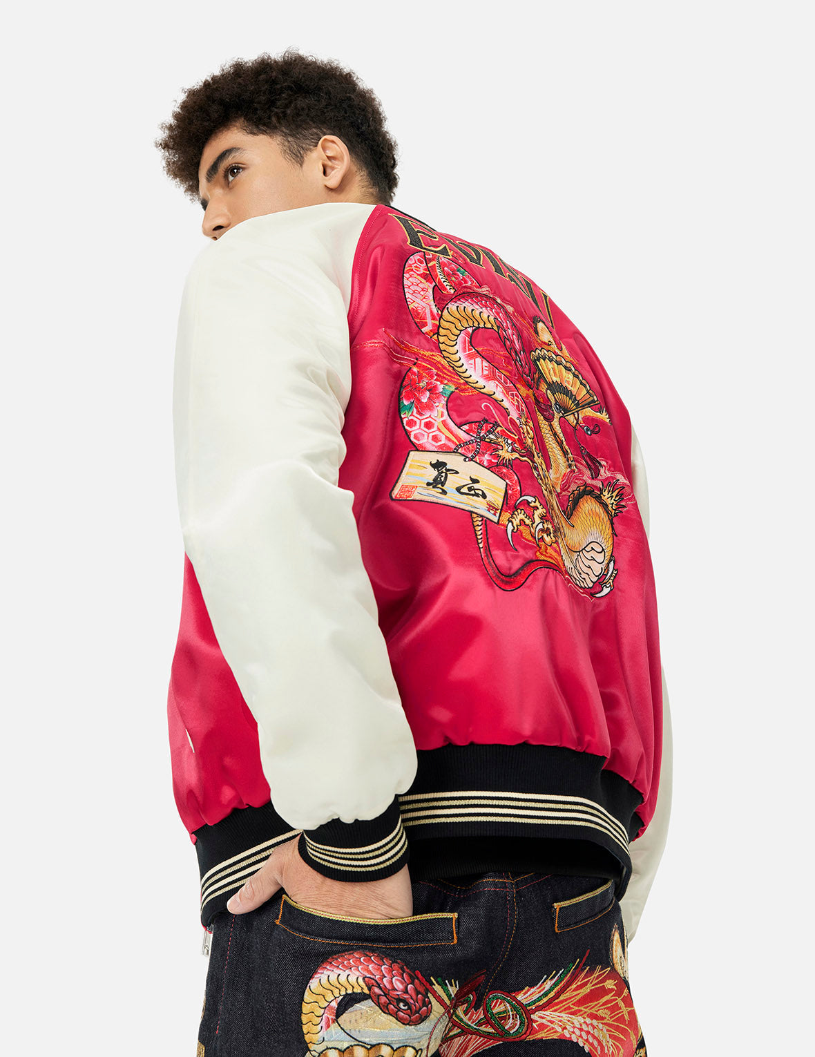 Soaring Snake Embroidery and Traditional Japanese Totem Prints Reversible Relax Fit Souvenir Jacket - Red