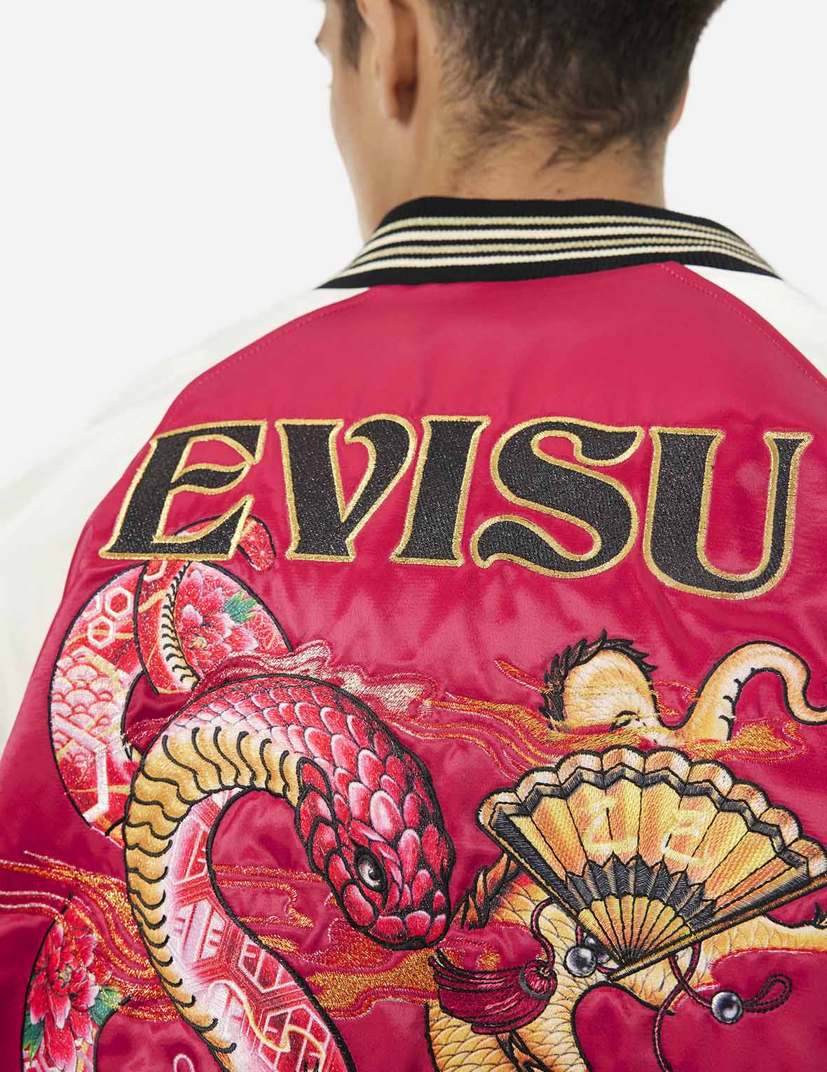 Soaring Snake Embroidery and Traditional Japanese Totem Prints Reversible Relax Fit Souvenir Jacket - Red