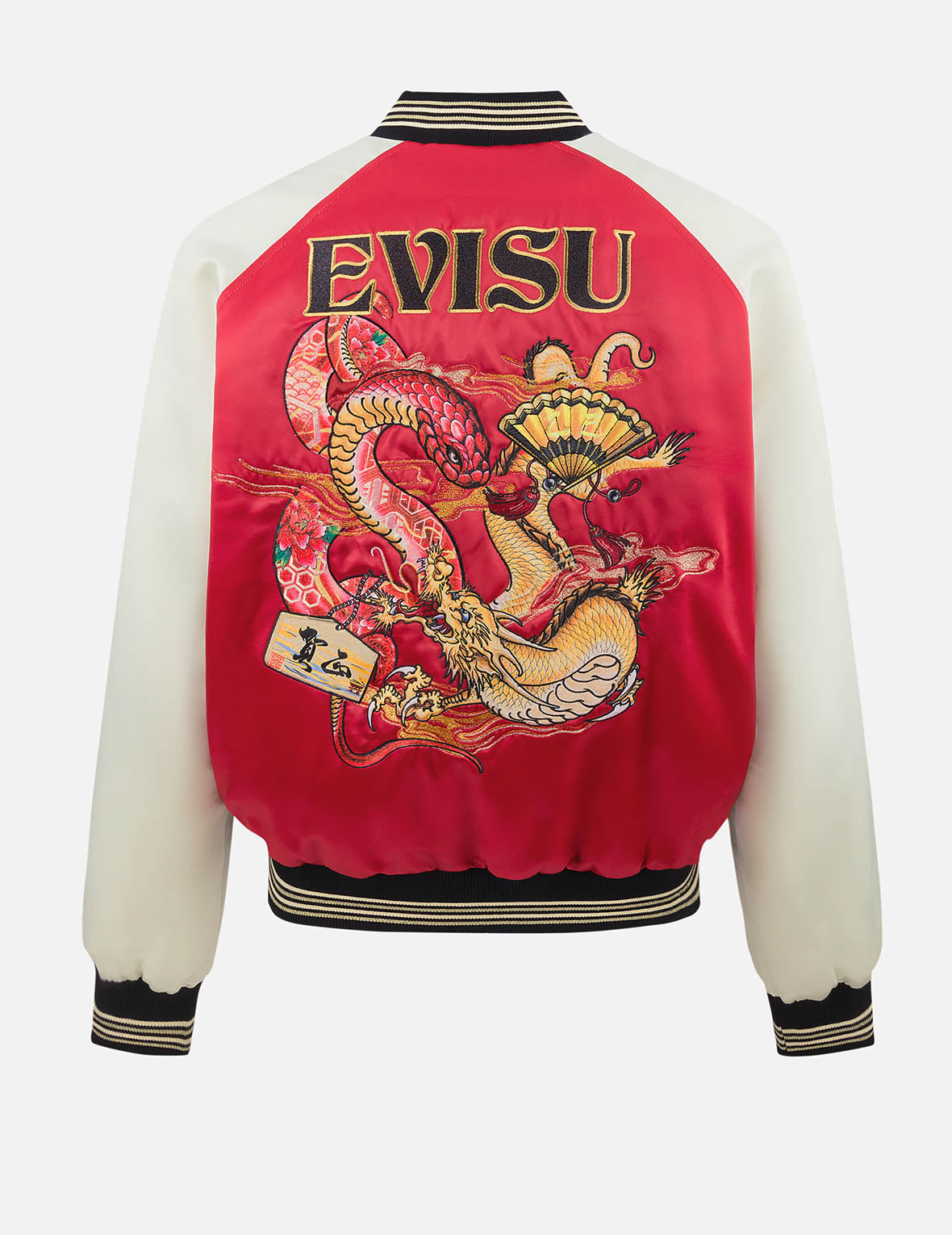 Soaring Snake Embroidery and Traditional Japanese Totem Prints Reversible Relax Fit Souvenir Jacket - Red