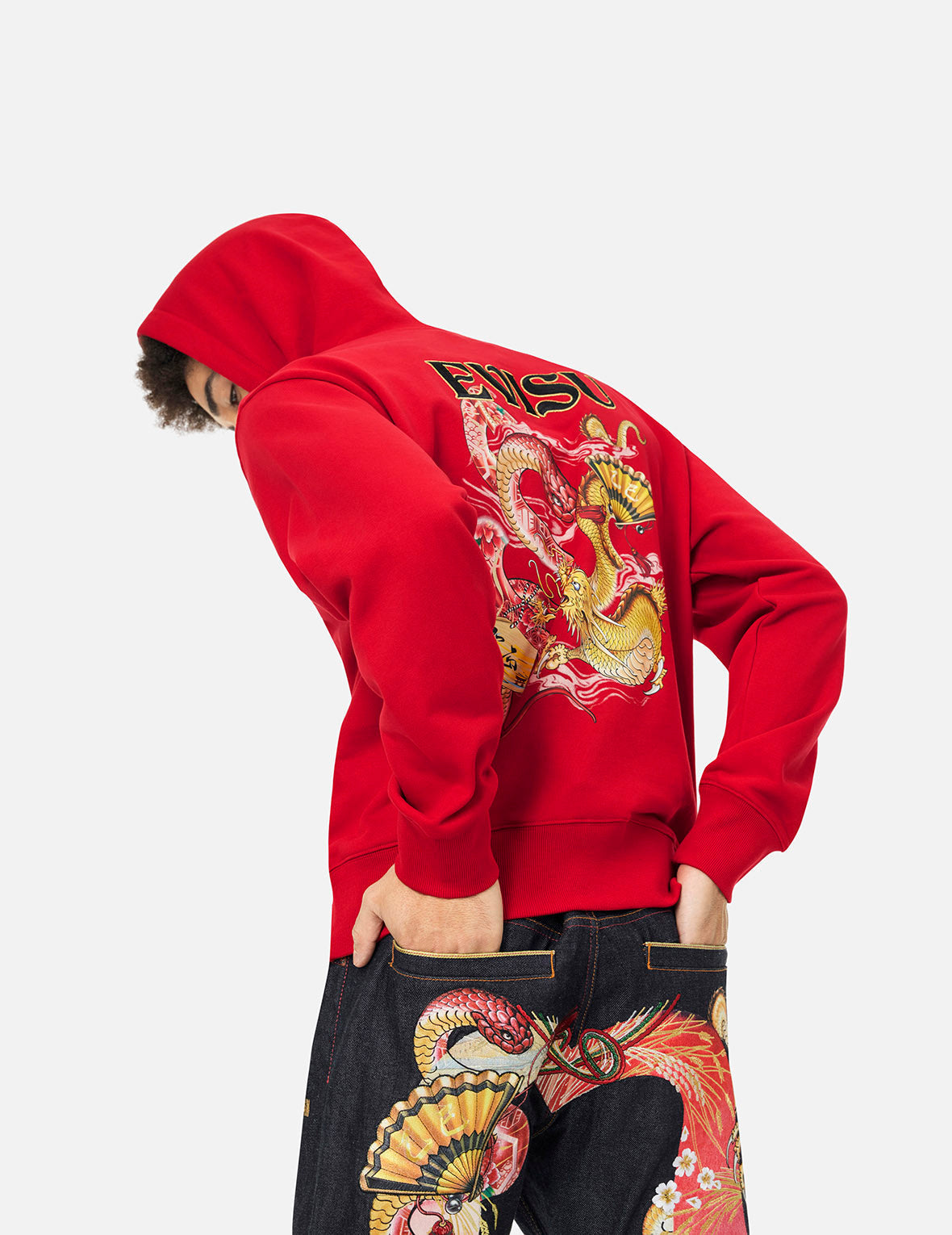 Soaring Snake and Dragon Print Relax Fit Hoodie - Red