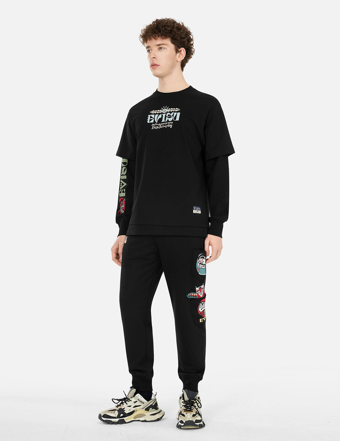 2-in-1 インディアントーテムプリント リラックスフィット長袖Tシャツ