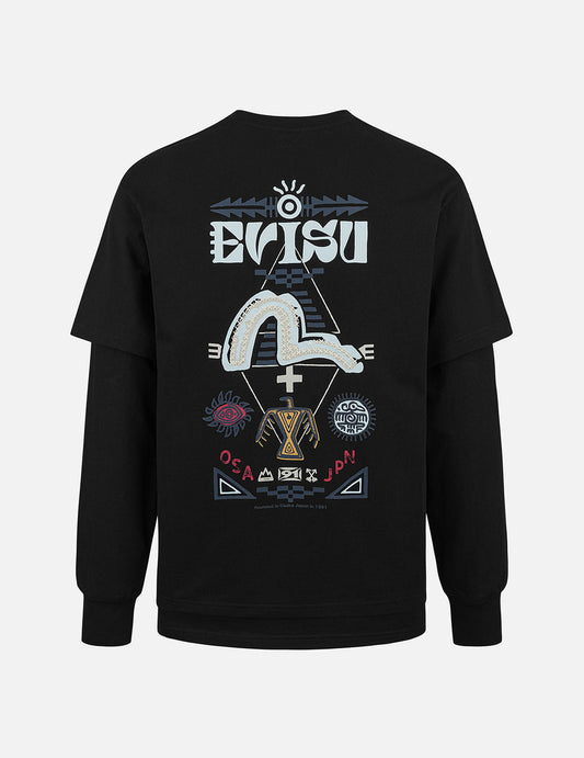 2-in-1 インディアントーテムプリント リラックスフィット長袖Tシャツ