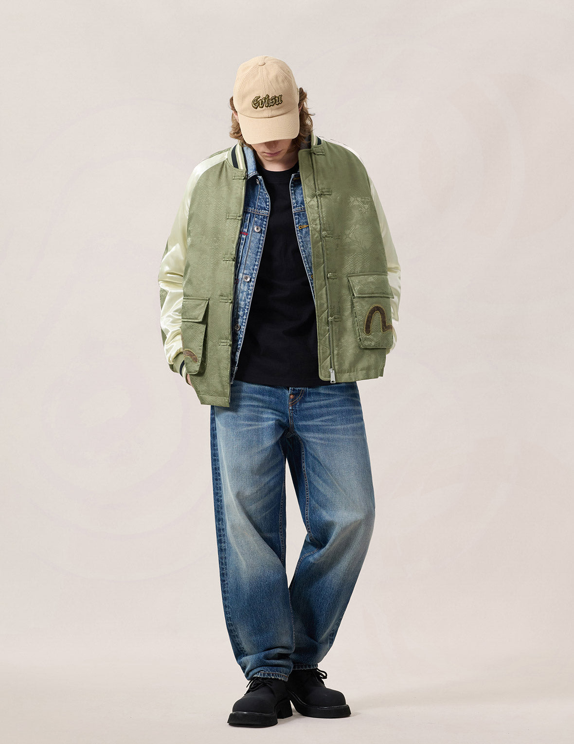 オールオーバージャカード パッド入りチャイナジャケット - グリーン