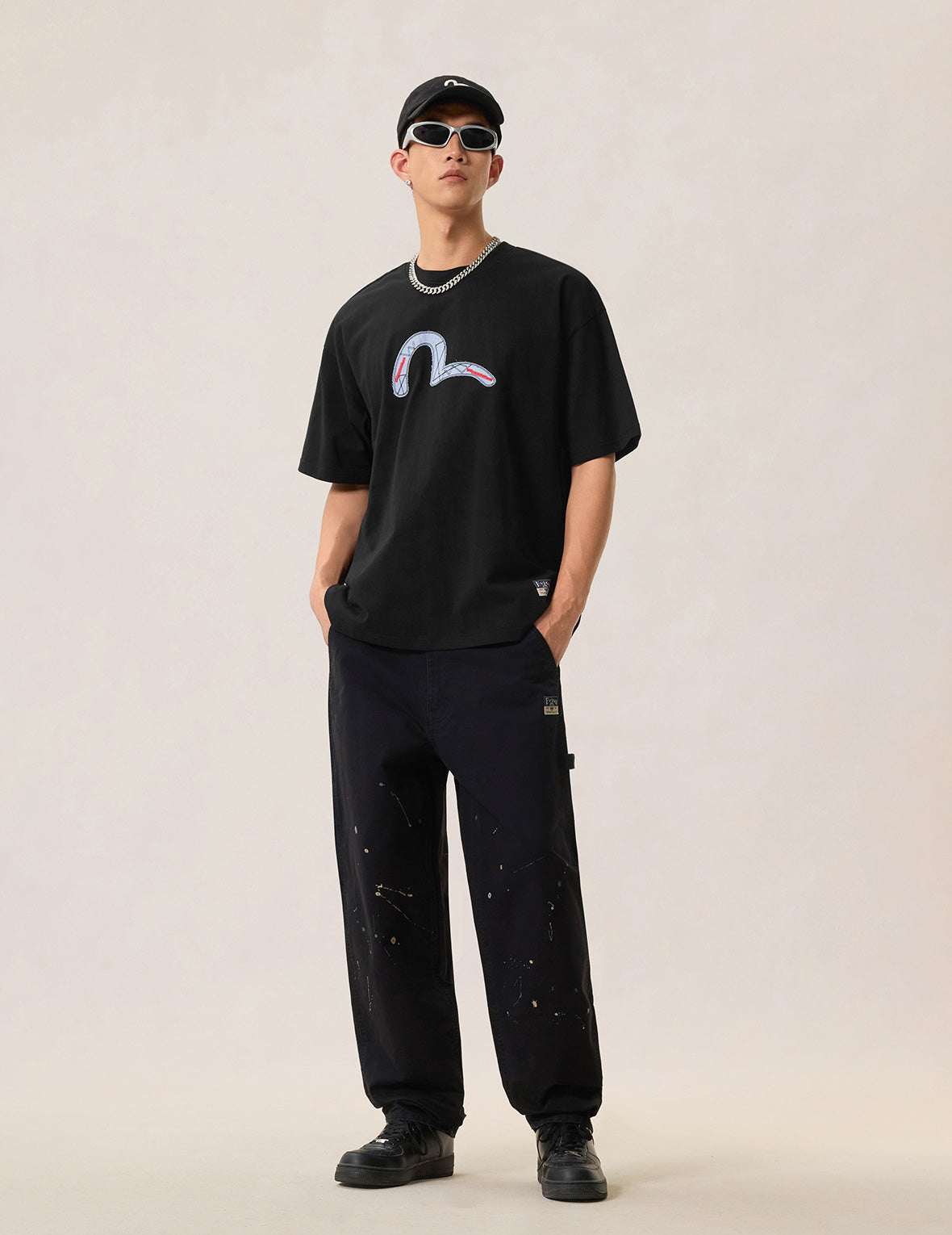 ファブリックミックスパッチワークカモメ＆ロゴアプリケTシャツ