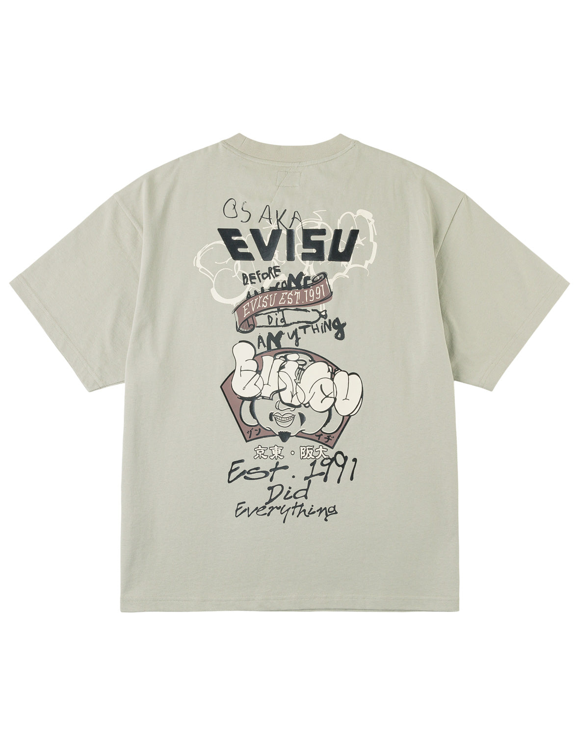 グラフィティロゴと仏頭プリントTシャツ