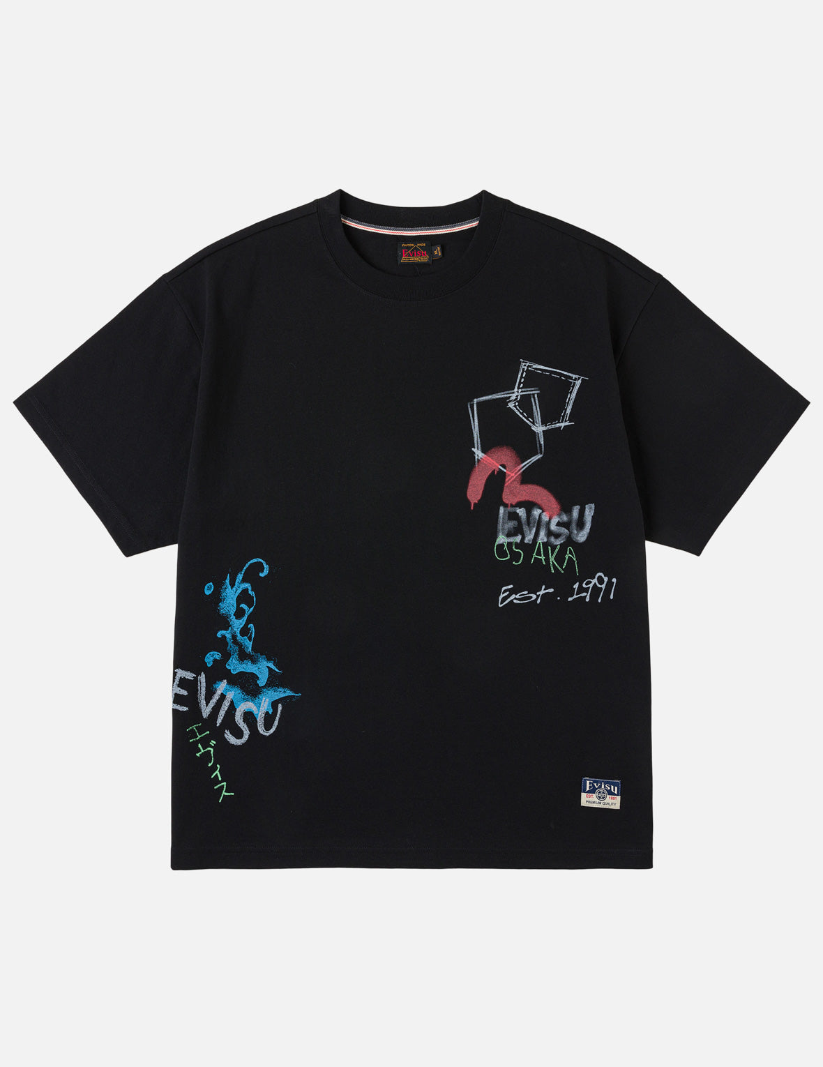 Hand-drawn Daicock and Multi-pocket Graffiti T-shirt