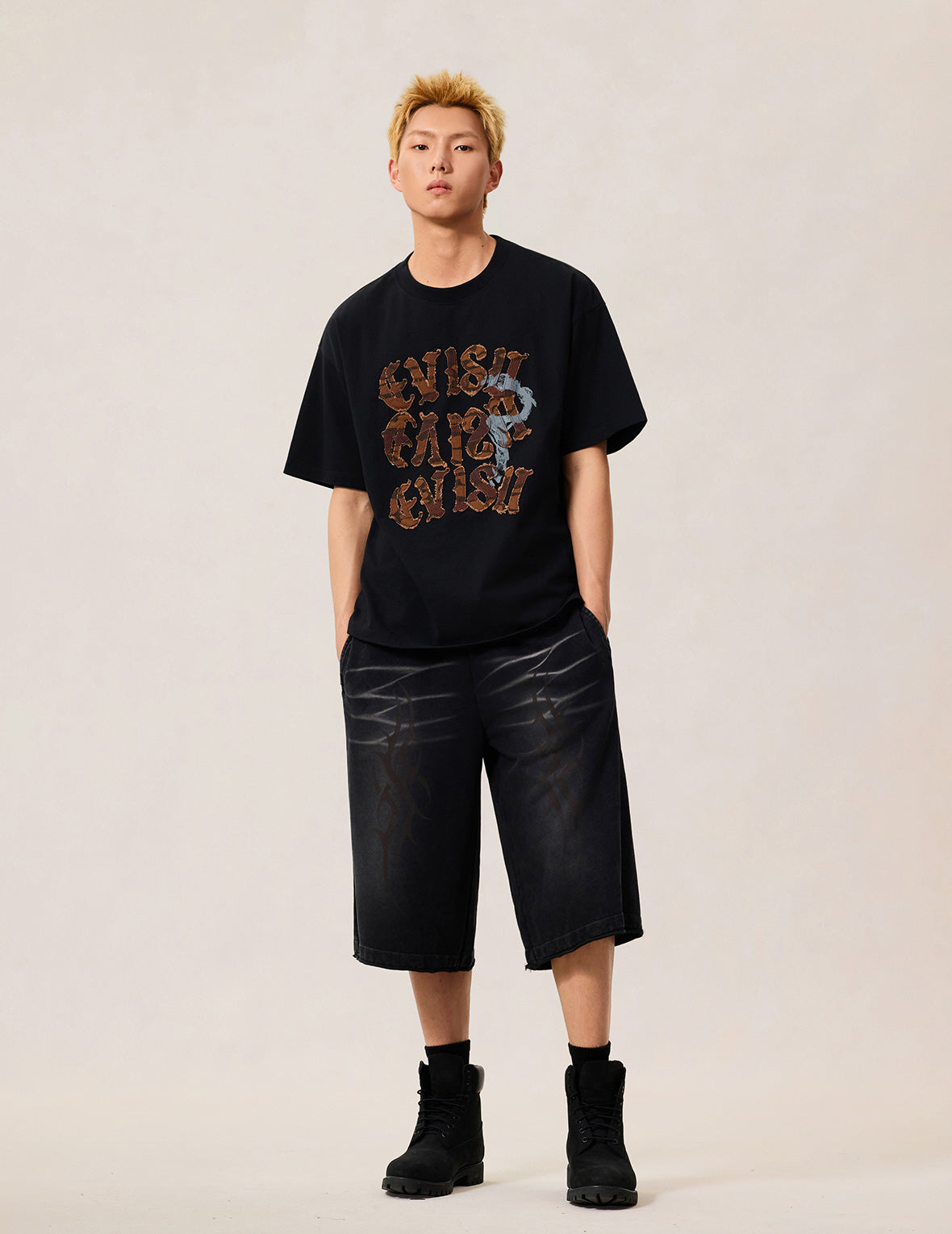 ディストレスド石垣迷彩アップリケロゴ Tシャツ