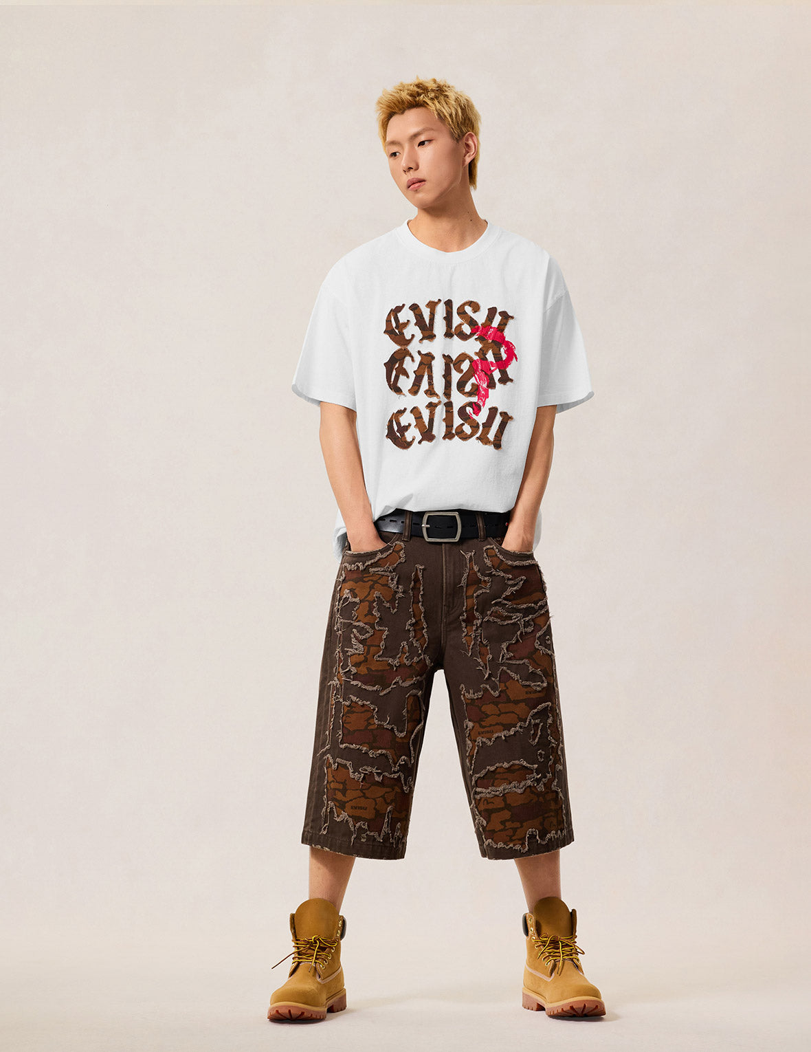 ディストレスド石垣迷彩アップリケロゴ Tシャツ