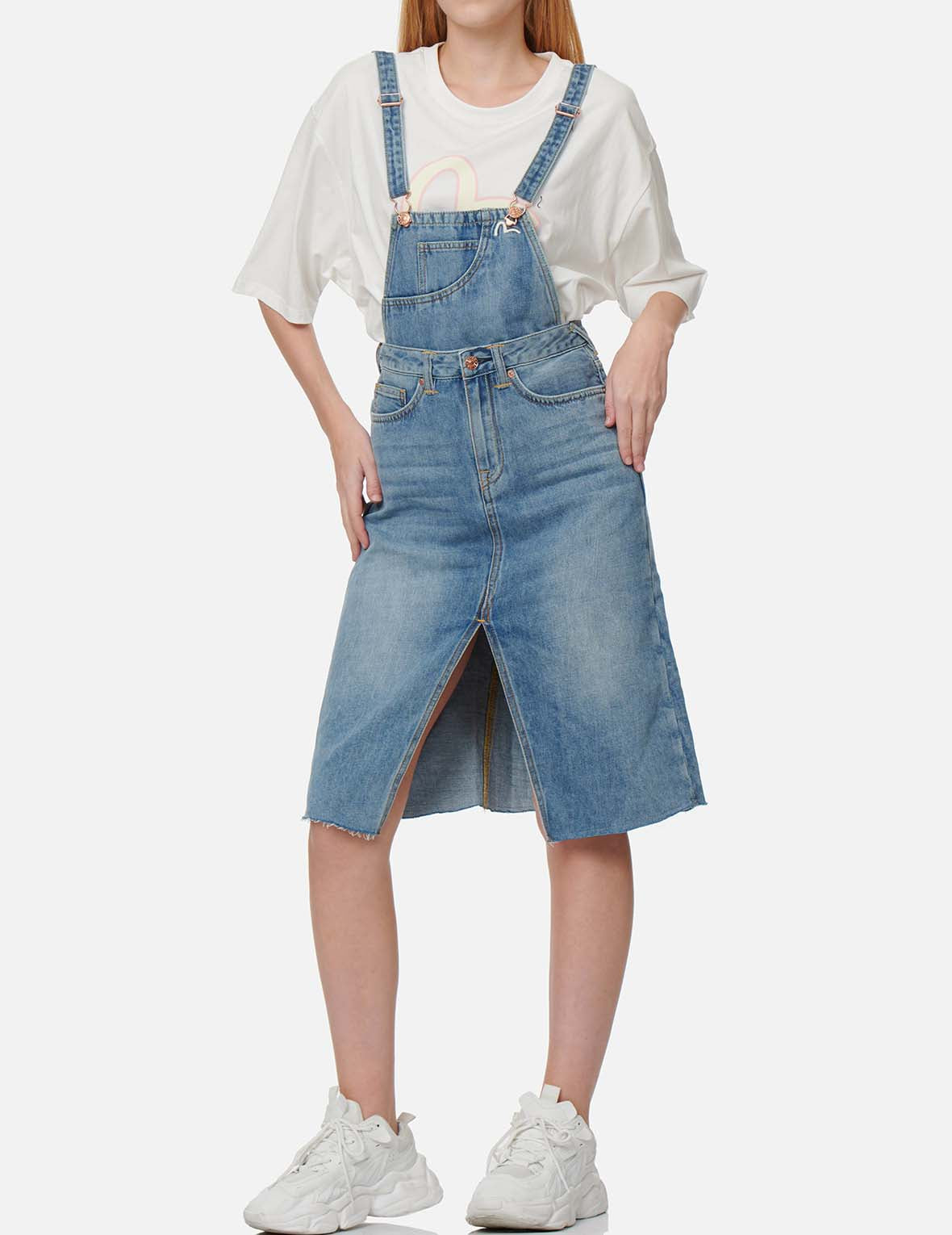 Seagull and Logo Print Denim Dungaree Dress