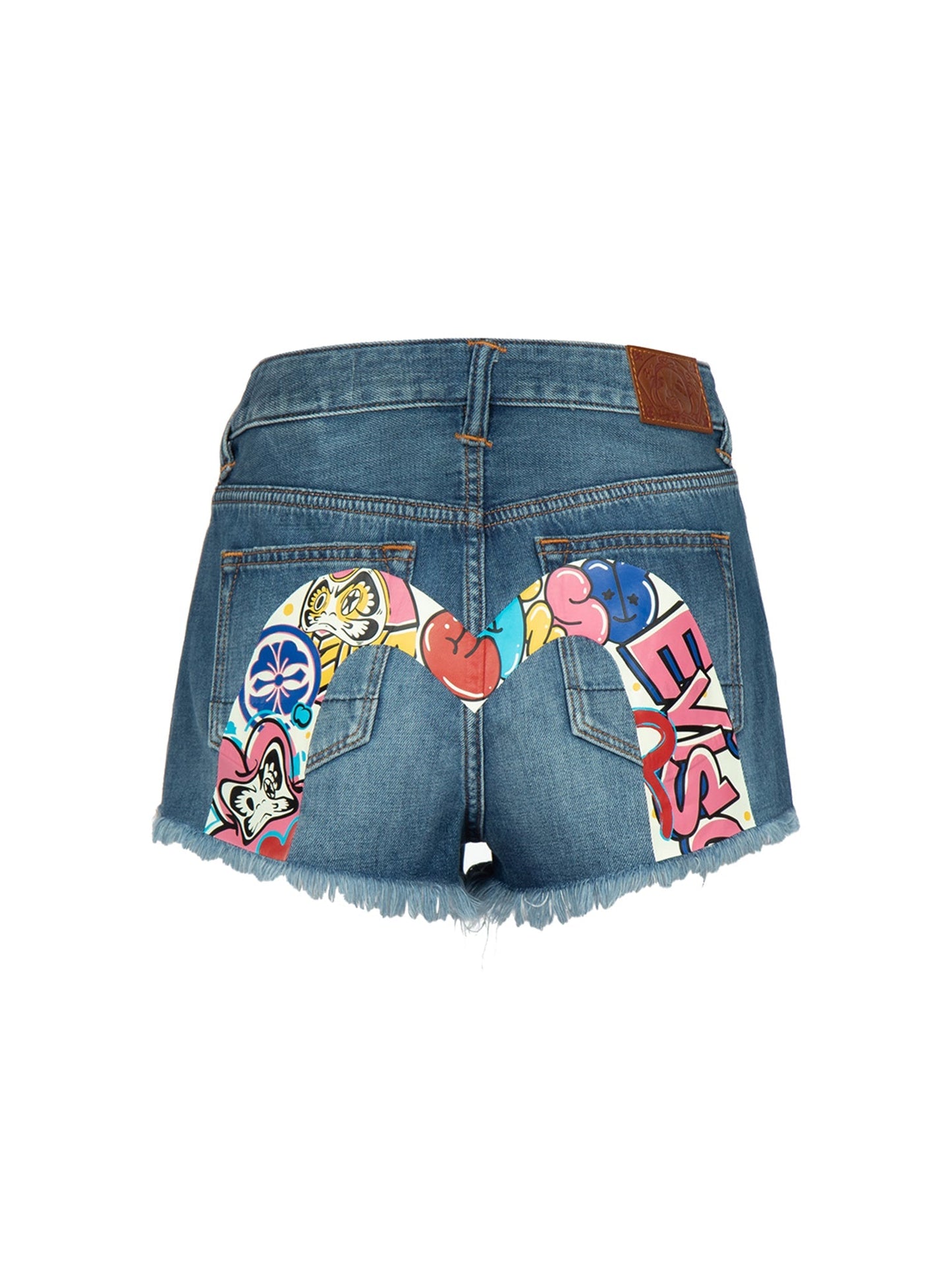 Graffiti Daruma Daicock Print Denim Shorts