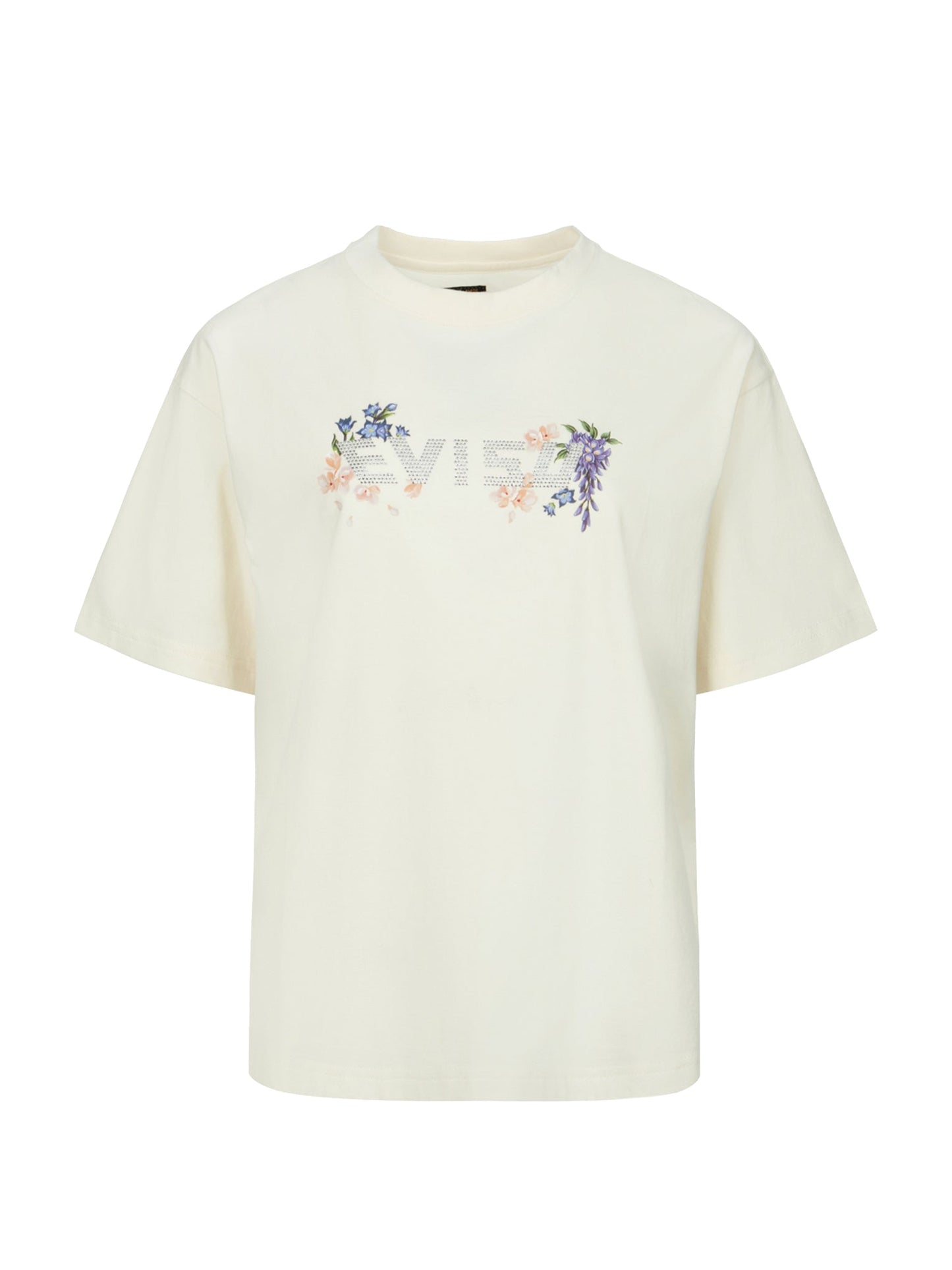 花柄とラインストーンロゴ オーバーサイズTシャツ