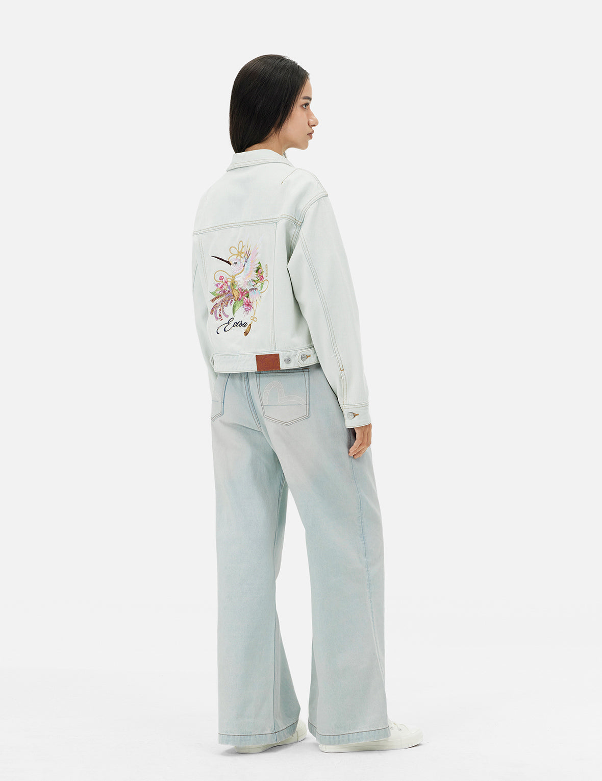 Hummingbird and Magnolia Embroidery Loose Fit Quilted Denim Jacket