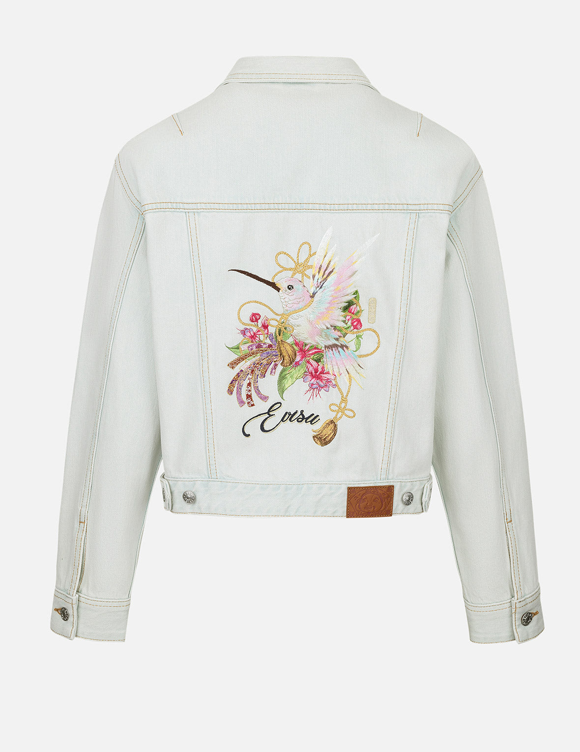 Hummingbird and Magnolia Embroidery Loose Fit Quilted Denim Jacket