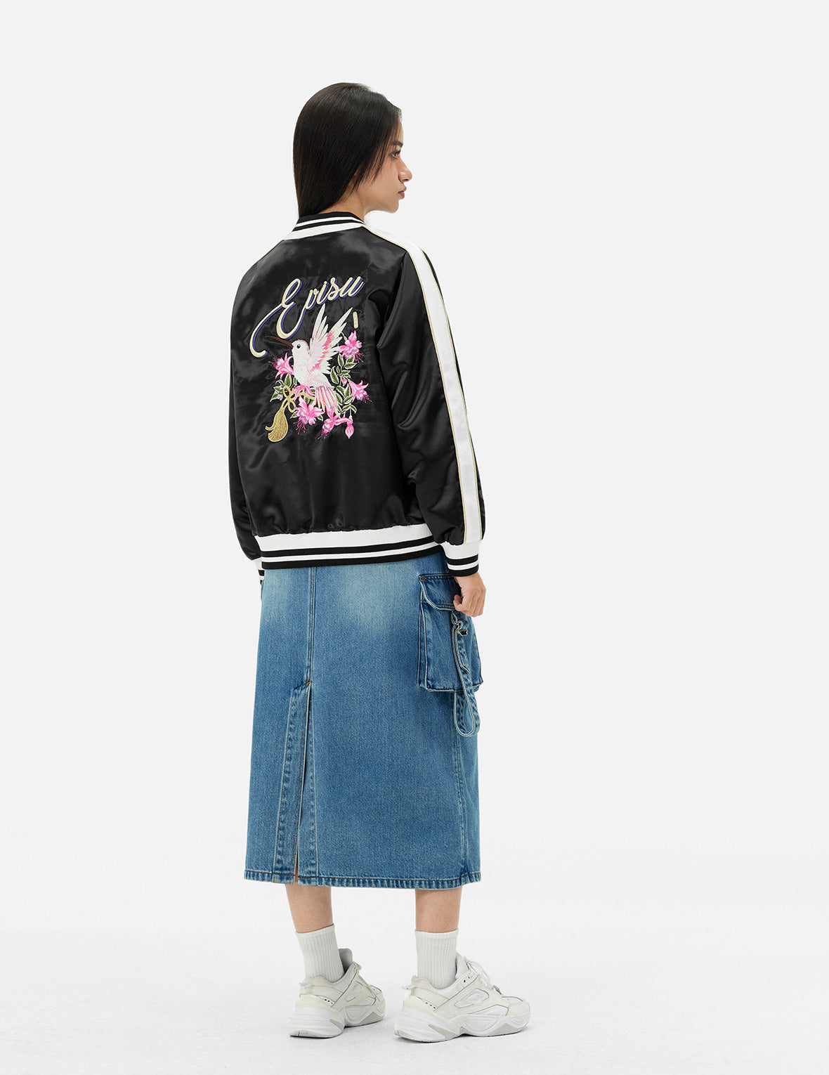 Hummingbird and Magnolia Flower Embroidery Loose Fit Souvenir Jacket