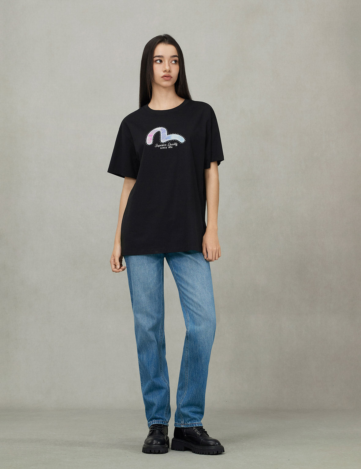 カモメ箔プリント ボーイフレンド Tシャツ