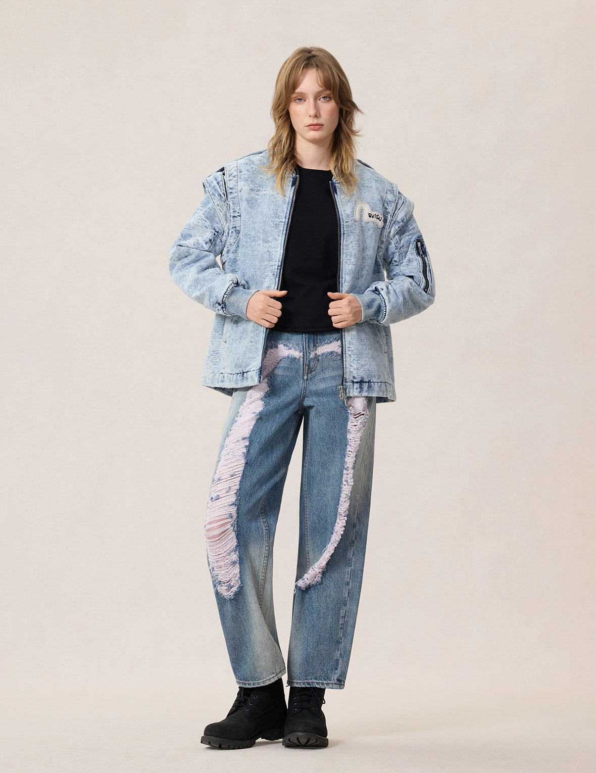 取り外し可能ディストレスド デニムボンバージャケット – EVISU