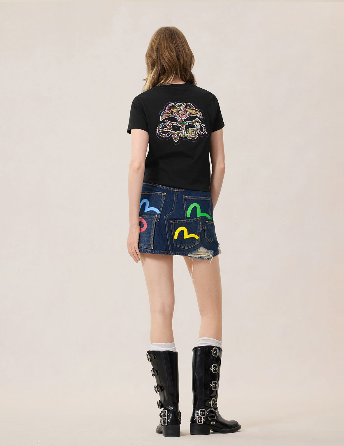 カモメプリントマルチポケット デニムスカート – EVISU