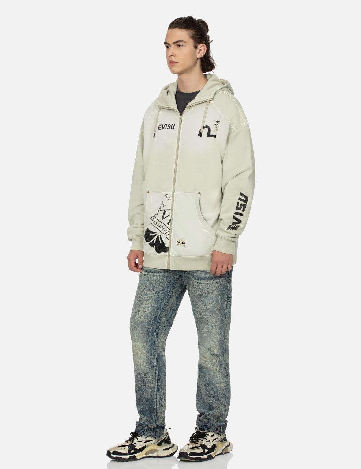 Multi Logos Print Loose Fit Washed Zip-Up Hoodie