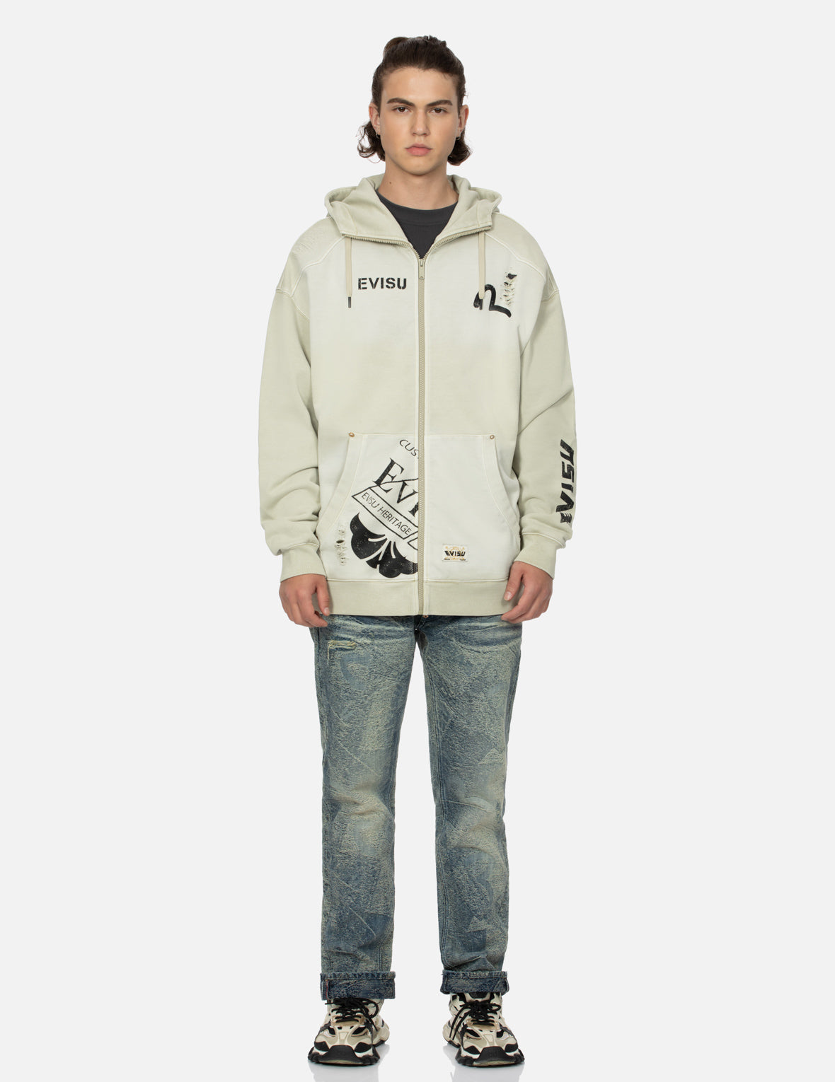 Multi Logos Print Loose Fit Washed Zip-Up Hoodie