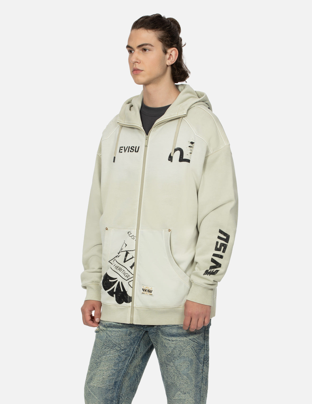 Multi Logos Print Loose Fit Washed Zip-Up Hoodie