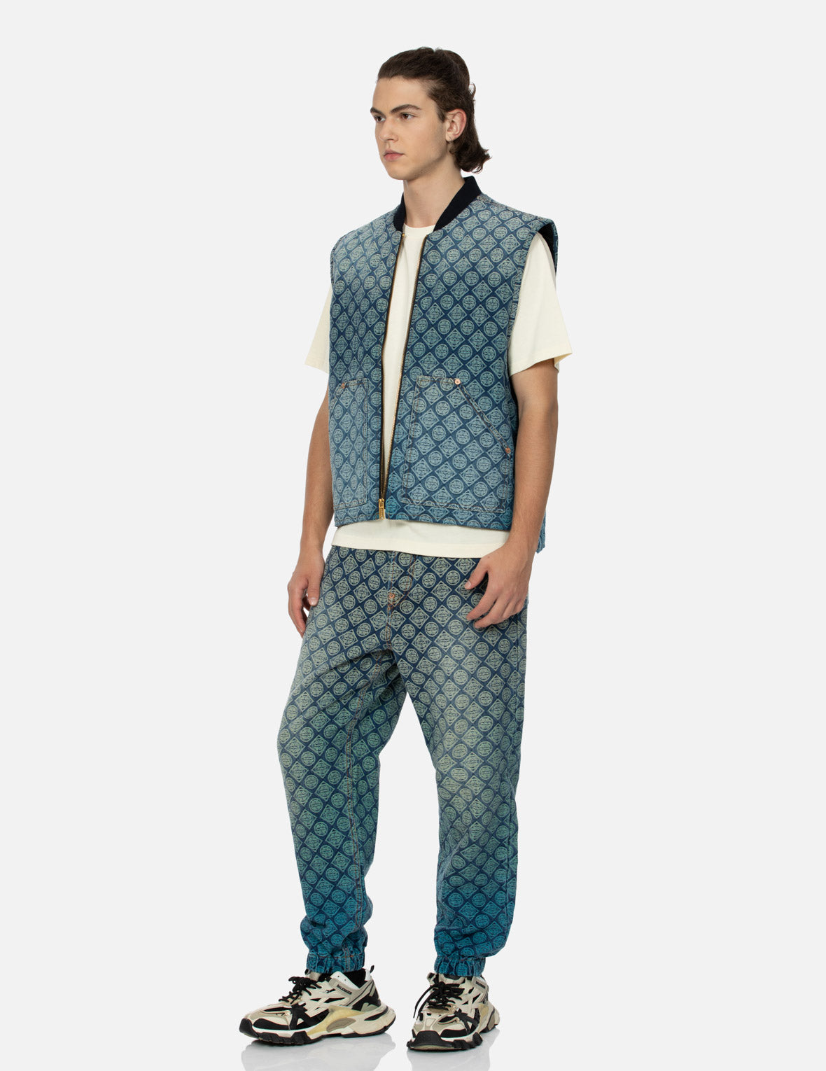 Washed Kamon Jacquard Relax Fit Denim Padded Vest