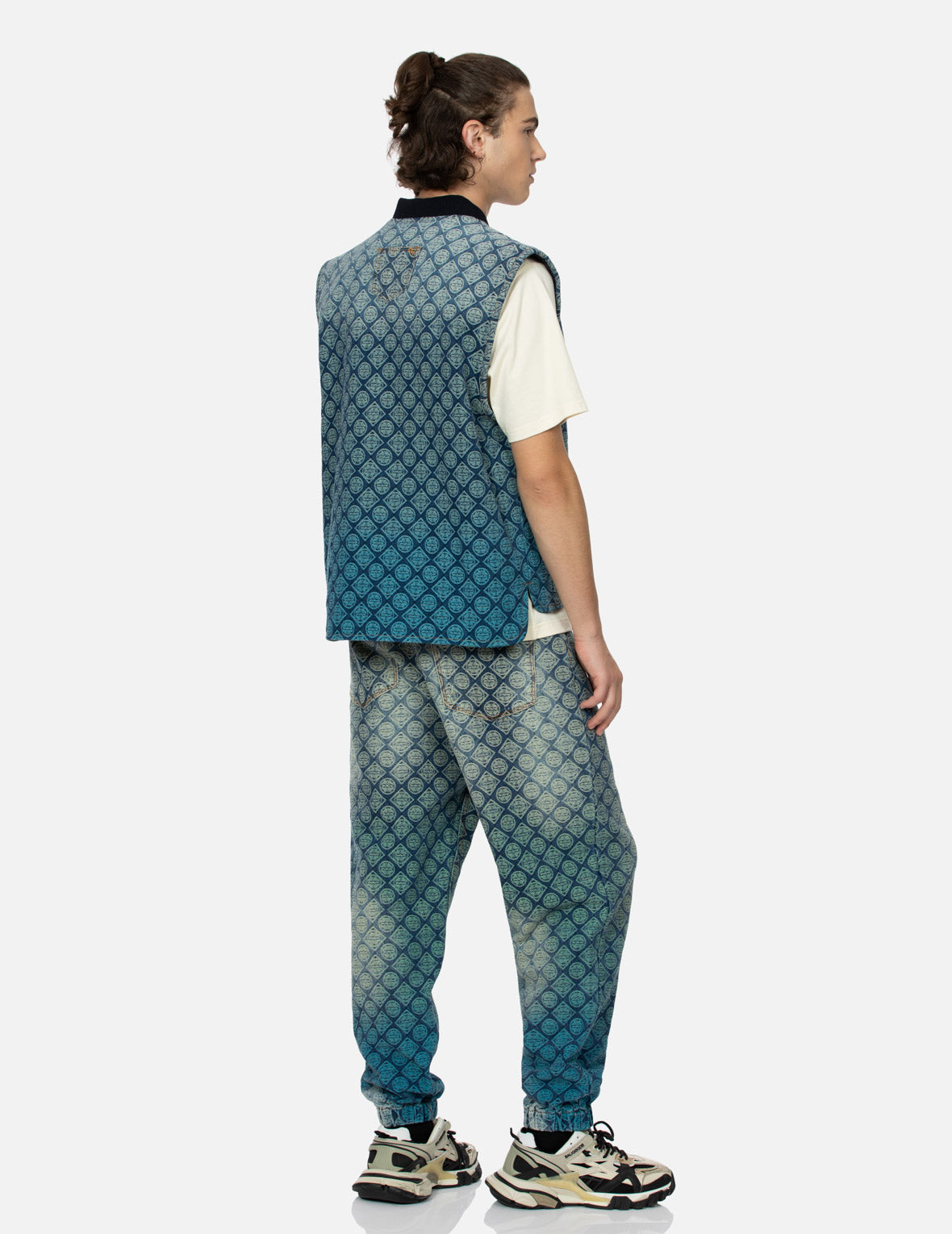 Washed Kamon Jacquard Relax Fit Denim Padded Vest