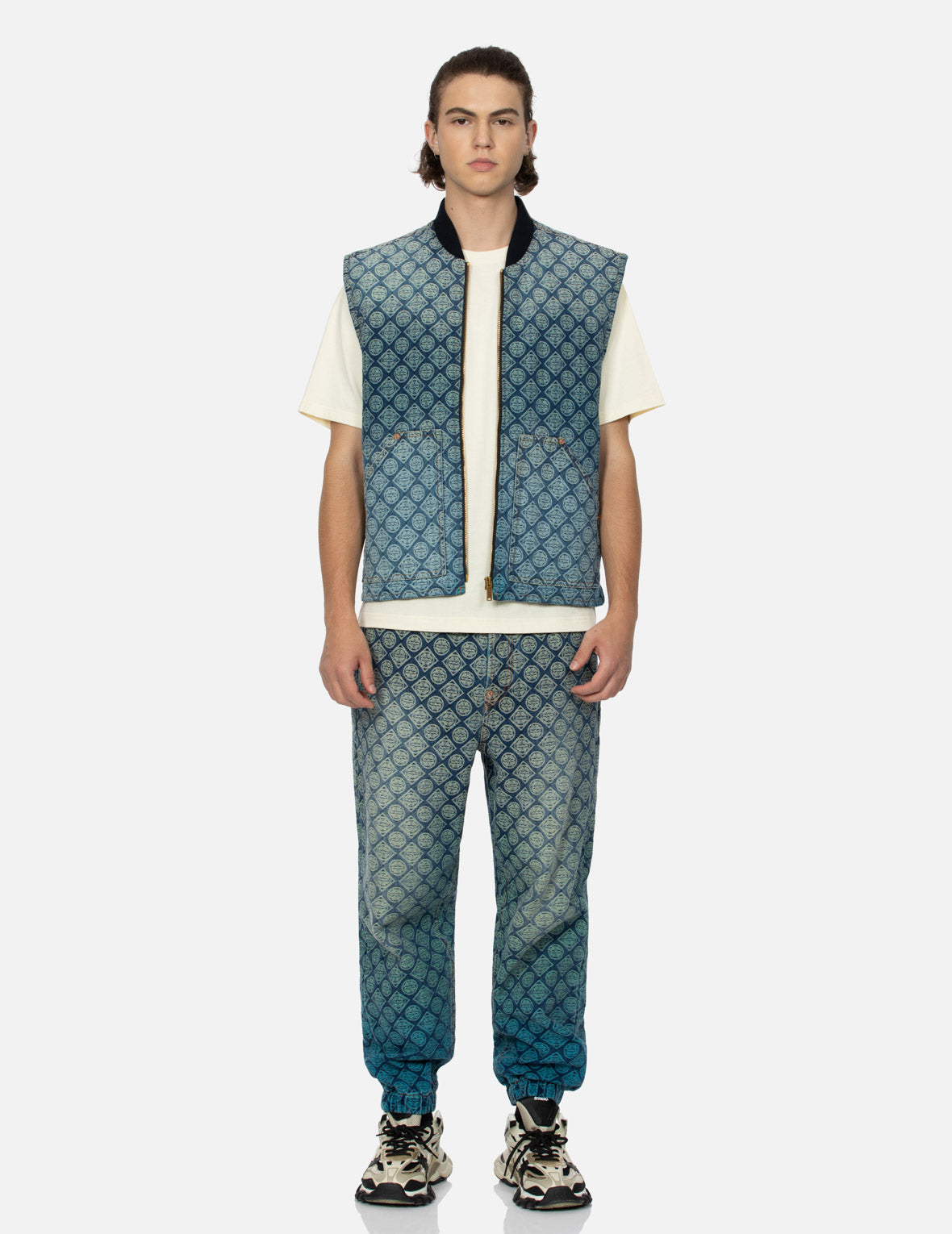 Washed Kamon Jacquard Relax Fit Denim Padded Vest