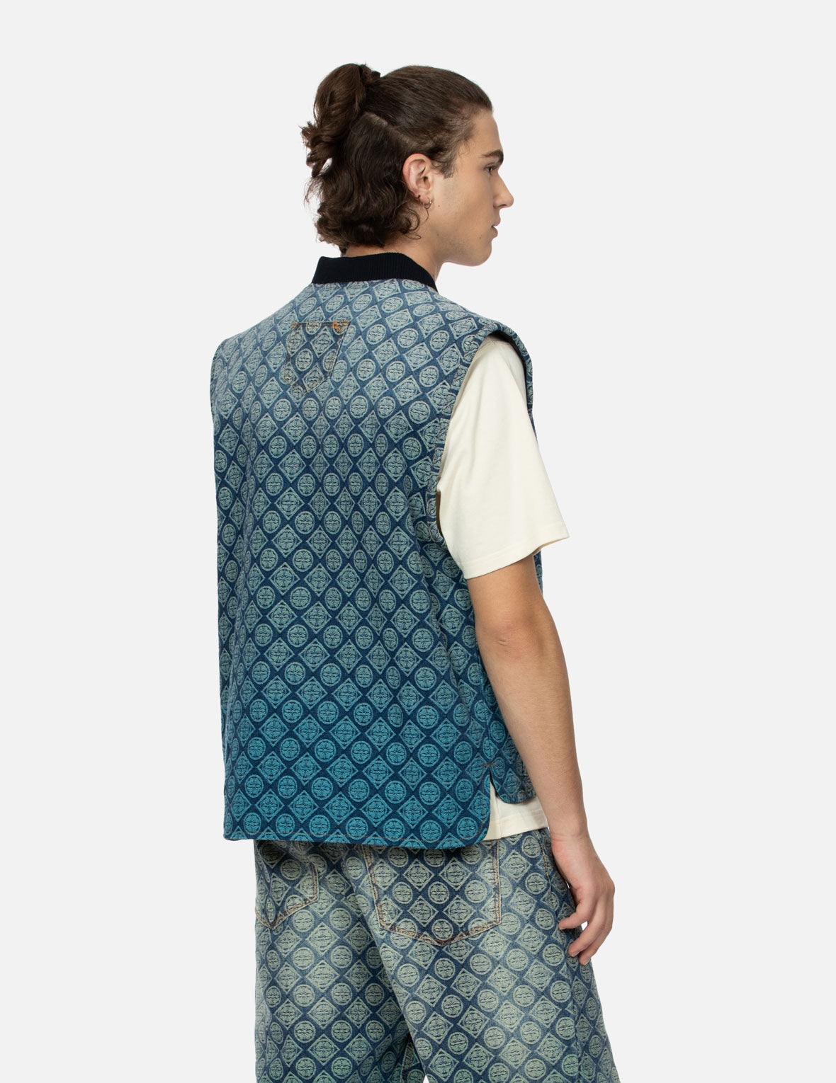 Washed Kamon Jacquard Relax Fit Denim Padded Vest