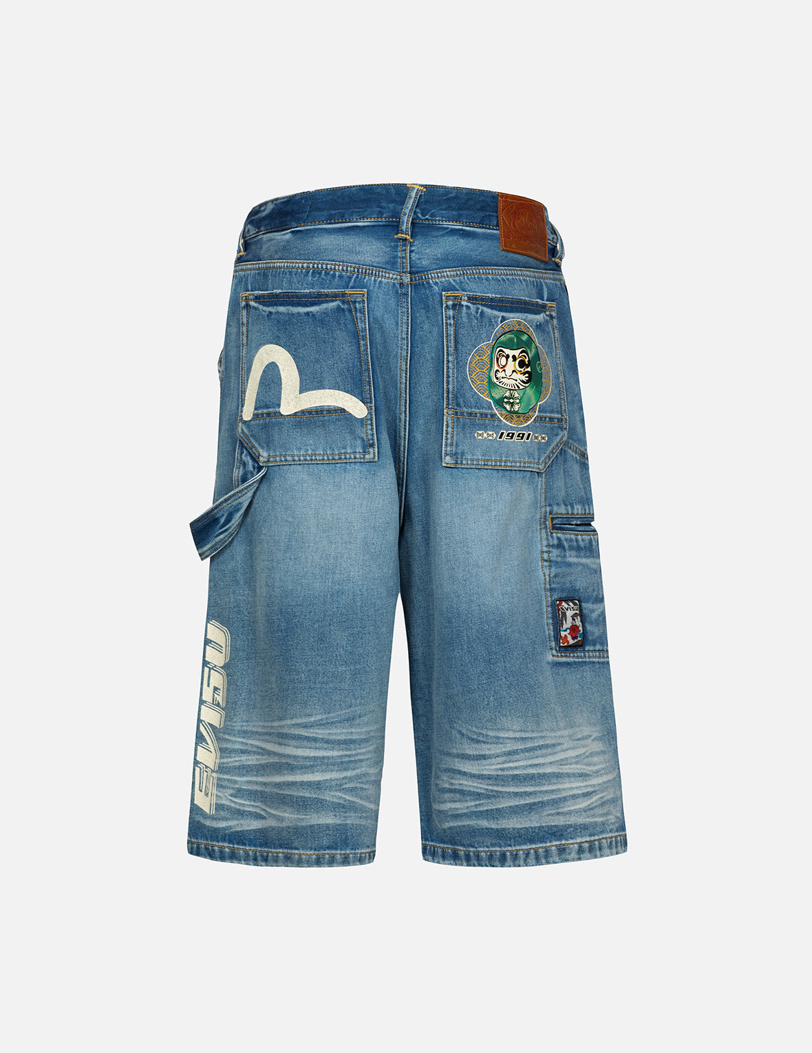 Hanafuda Daruma and Seagull Print Fashion Fit Denim Shorts