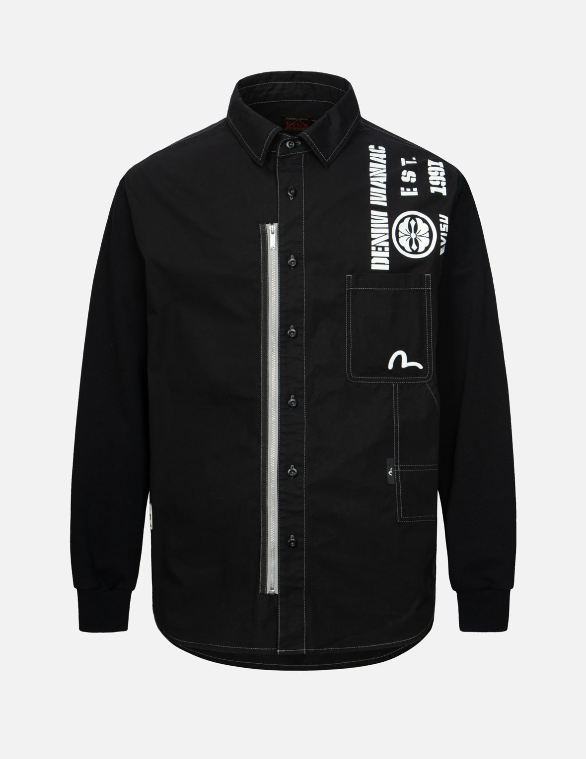 対照的なステッチとマルチプリントのリラックスフィットシャツ