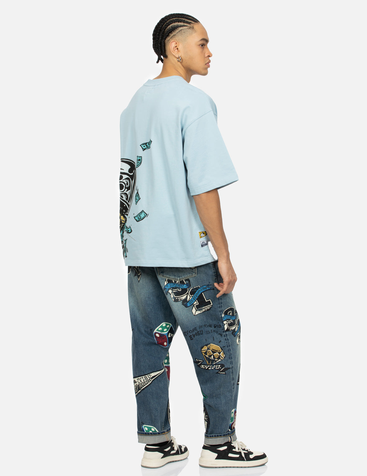 Diamond Daruma and Seagull Print Oversized T-shirt