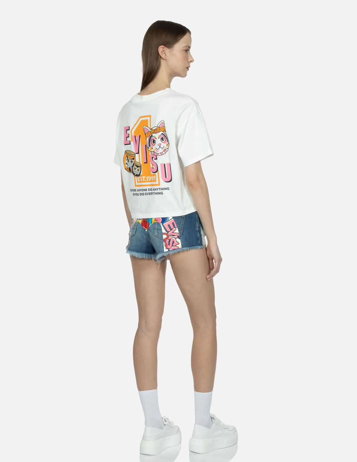 Graffiti Daruma Daicock Print Denim Shorts