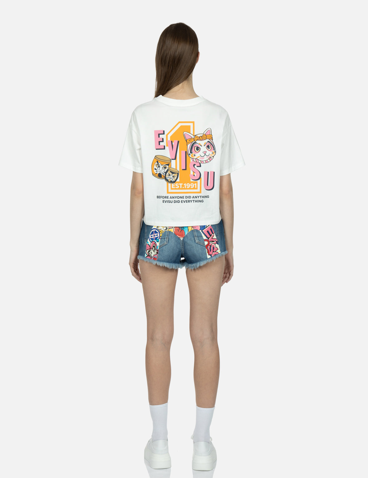 Graffiti Daruma Daicock Print Denim Shorts