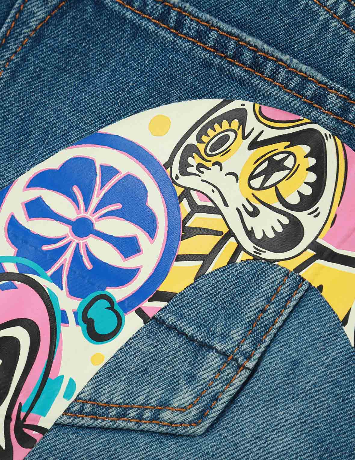 Graffiti Daruma Daicock Print Denim Shorts