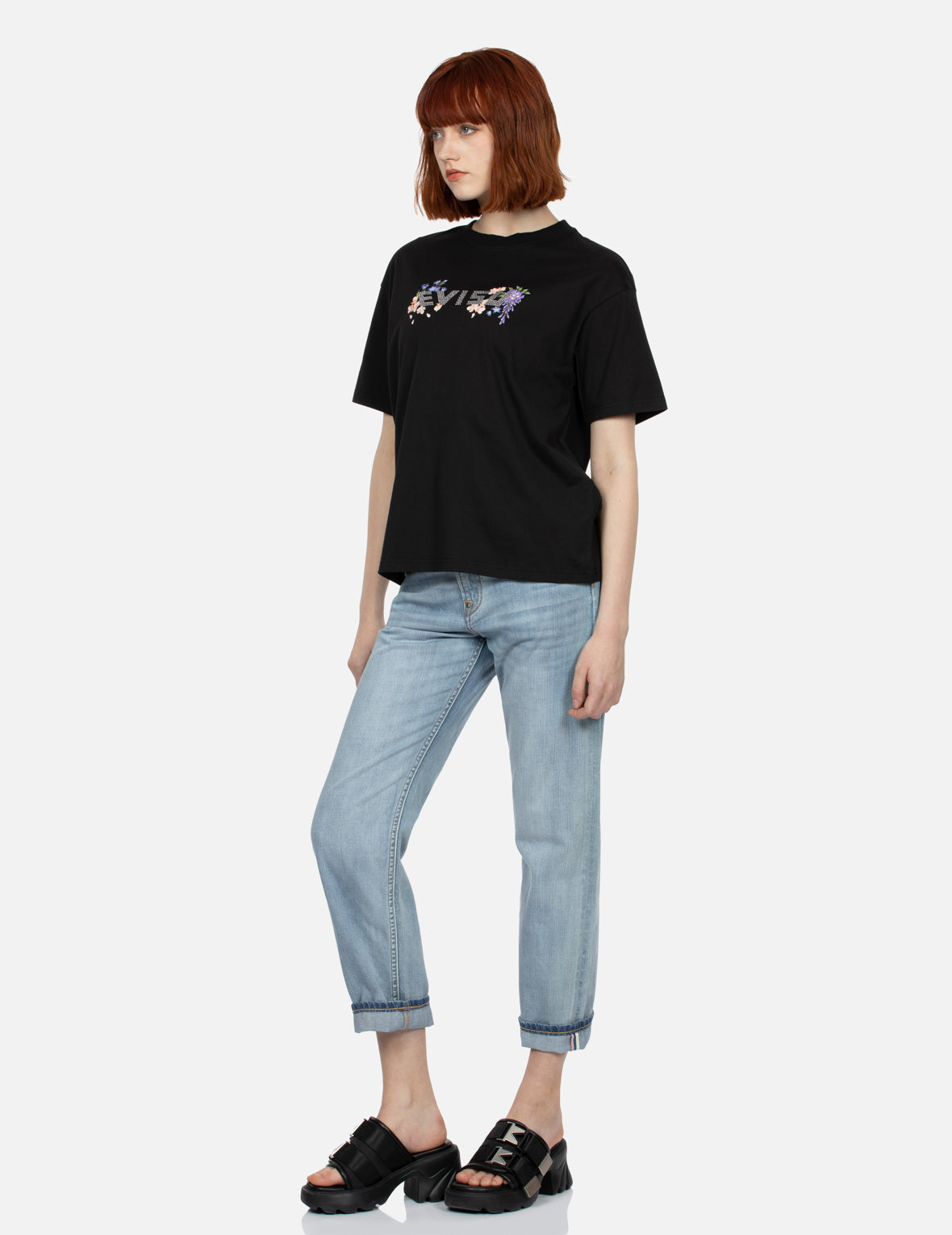 花柄とラインストーンロゴ オーバーサイズTシャツ – EVISU