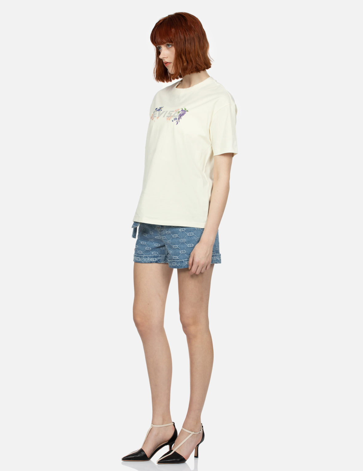 Floral Print and Rhinestone Logo Oversized T-shirt